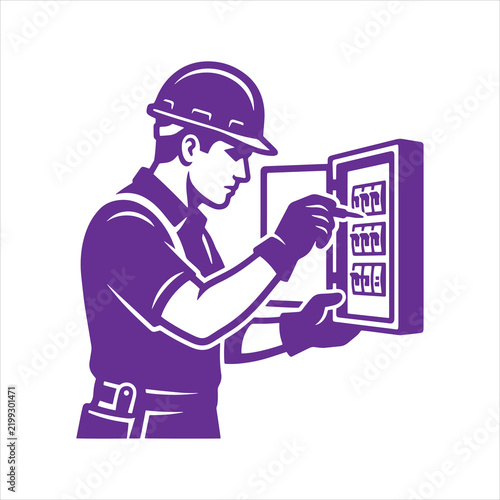 Electrician inspecting electrical control panel and circuit breaker box vector illustration   