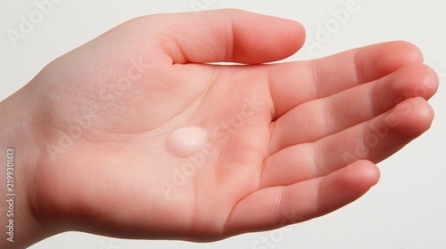 Close-up image of a light-skinned hand with a small white bump on the palm