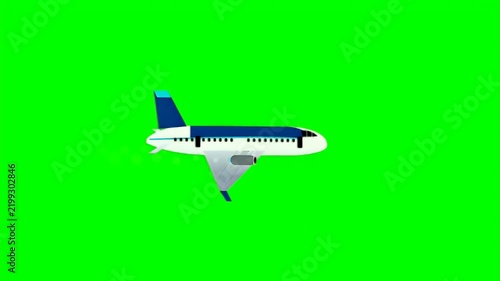 Cartoon passenger airplane flying on green screen background
