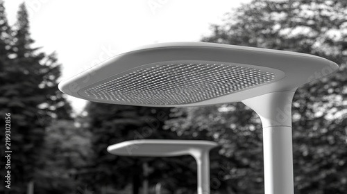 Close-up of a futuristic curved streetlight with perforated shade in a park