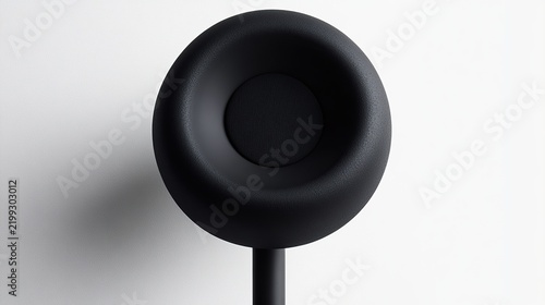 Close-up of a Glossy Black Spherical Device Mounted on a Thin Stand Against a Light Background
