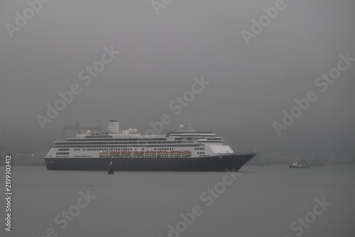 Classic luxury cruiseship cruise ship liner Zaandam Volendam arrival to Vancouver, BC after Alaska wilderness adventure Last frontier landscape nature scenery cruising with low hanging clouds misty