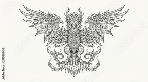Ornamental Line Art Drawing of Majestic Eagle Crest