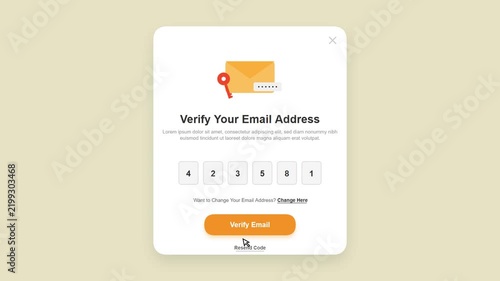 Email verification code input popup screen animation on digital interface