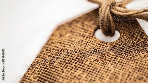 Close-up of a rough burlap sack corner tied with a rustic jute cord through a punched hole
