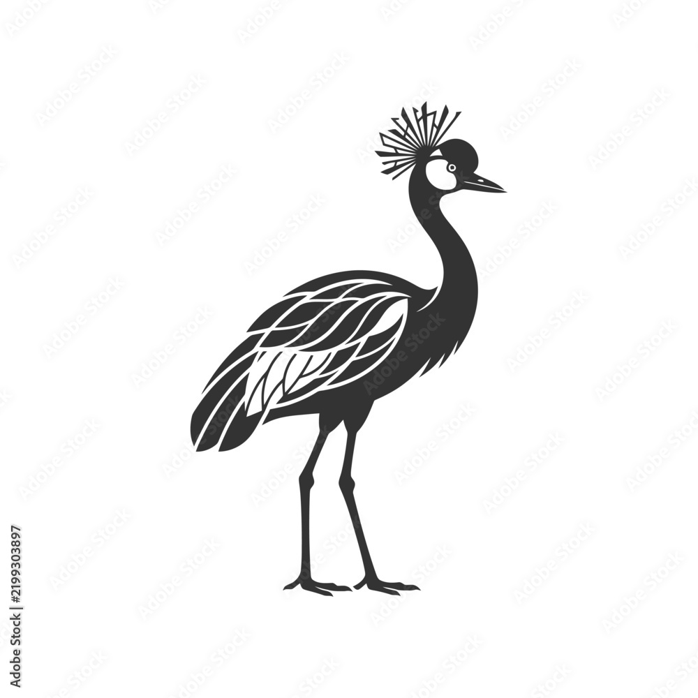Fototapeta premium Silhouette of stylized crowned crane with decorative feather details.