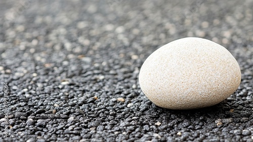 Close-up of a solitary smooth white pebble resting on dark granular surface