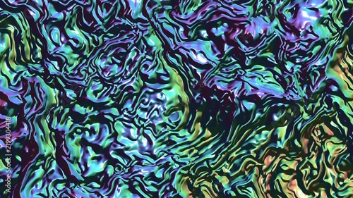 Iridescent liquid surface swirls with metallic teal and purple colors