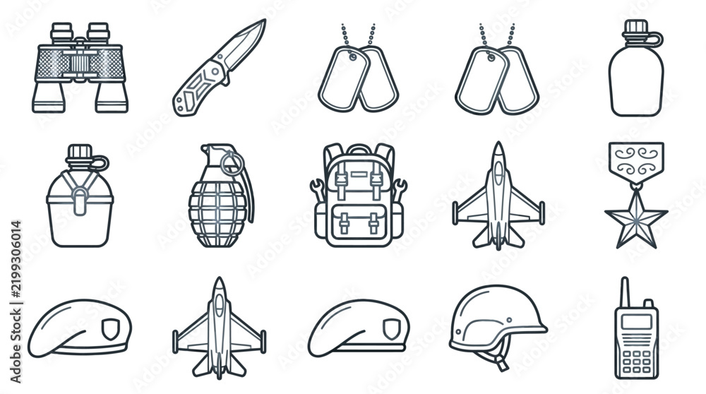 Obraz premium Set of fifteen military equipment and army gear line art icons.