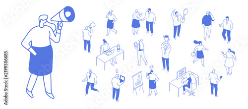 Monochrome Line art vector isometric business people bundle isolated on white background