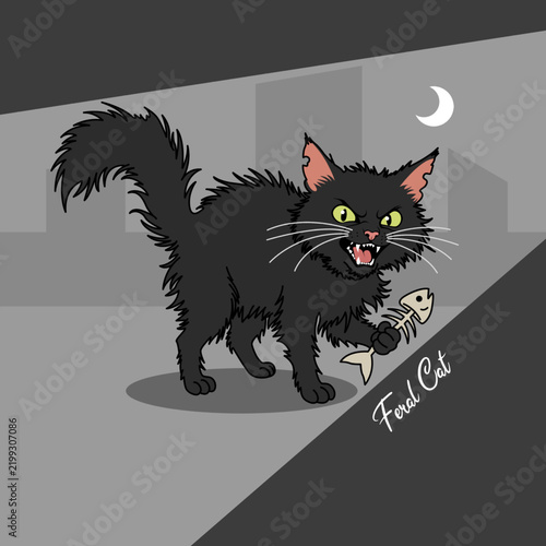 An aggressive black stray cat holding a fish bone in an alley under the moon. Ideal for Halloween designs, posters, and urban animal themes. National Feral Cat Day, October 16.