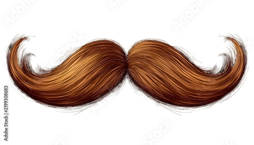 Stylized brown mustache with curled ends for a vintage look accessory.