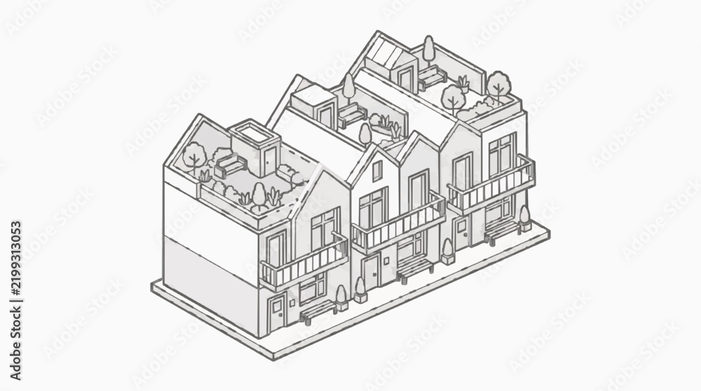 Obraz premium Isometric Row Houses with Rooftop Gardens and Balconies Architectural Sketch