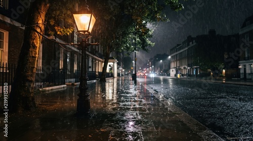 Street lamp on rainy city night