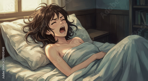 Young woman yawning waking up in bed