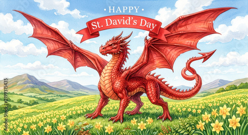 Welsh red dragon celebrating st. David's day