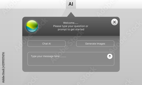 Dark mode AI prompt popup interface widget UI mockup showing chat and image generation options