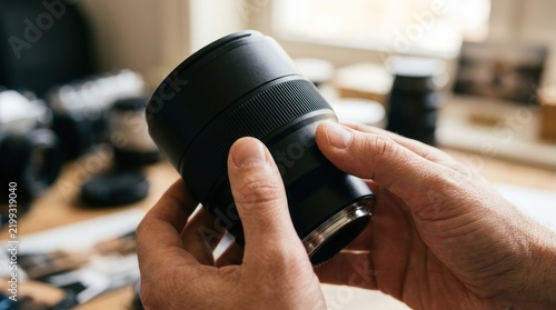 person holding a camera lens in a photography studio