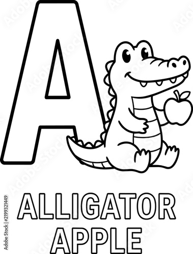 Letter A is for alligator educational ABC coloring page for kids