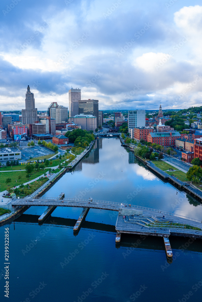 Obraz premium Drone view over the Providence River of Downtown Providence, Rhode Island