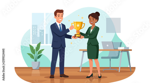 Businesswoman receives a trophy from a colleague in modern office setting, celebrating success and achievement.