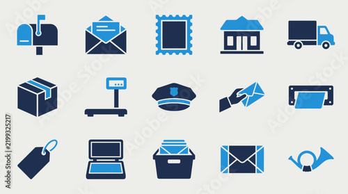 Postal service and logistics icons set featuring mailbox envelope postage stamp post office truck delivery box scale and mail