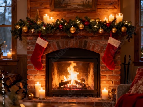 Festive Christmas fireplace adorned with garland, glowing candles, and stockings, radiating a warm and cozy holiday ambiance for winter celebrations