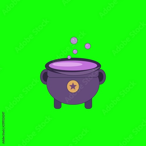 A purple cauldron bubbles with purple liquid and pink smoke on a bright green background