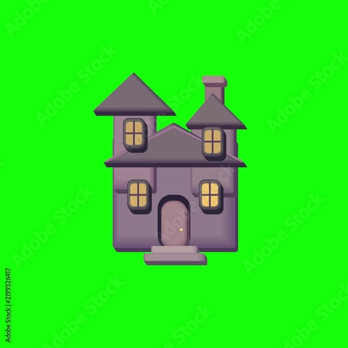 A spooky purple house with glowing windows and a chimney, set against a bright green background, perfect for Halloween themes.