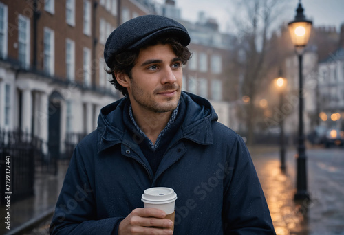 A handsome young man wearing a flat cap and dark jacket walks through a misty London street at dawn with a hot coffee cup. Glowing streetlamps create a moody British morning scene