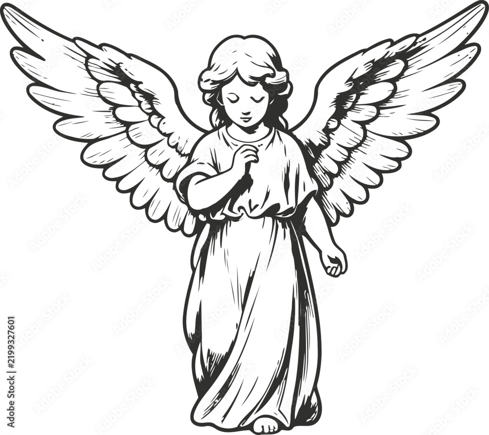 Fototapeta premium angel with large wings and flowing robe in graceful standing pose, spiritual guardian figure