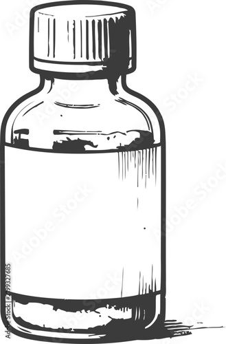 Vintage glass medicine bottle with blank label and screw cap illustration in black and white