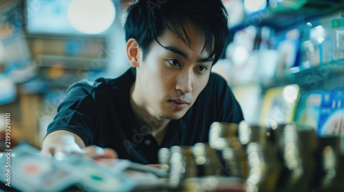 Young man selecting product from shelf in a store setting