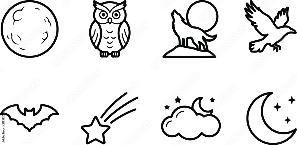 Fototapeta premium Set of simple black line icons featuring night sky elements animals and moon phases