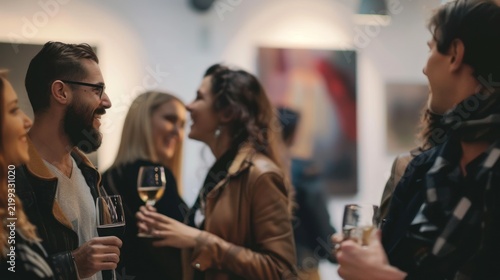 People socializing in art gallery