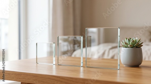 Three transparent glass blocks on a wooden table with a small succulent plant