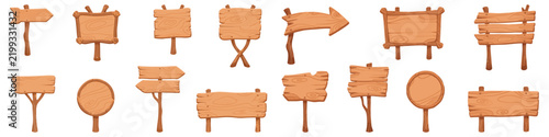 A large collection of rustic wooden signs, directional arrows, and blank signboards, isolated on a white background.