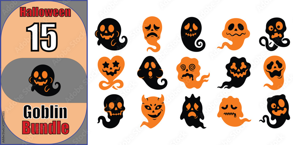 Obraz premium Set of fifteen cute cartoon goblin and ghost characters for halloween designs and festive party decorations