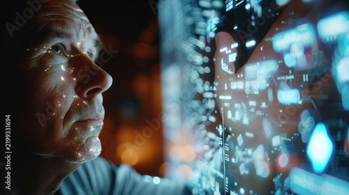 Man interacting with technological display