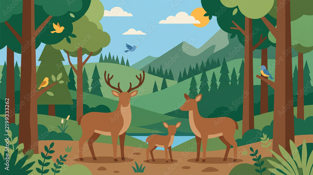 Obraz premium Deer in Forest Silhouette Vector Illustration - Wildlife Nature Landscape with Trees