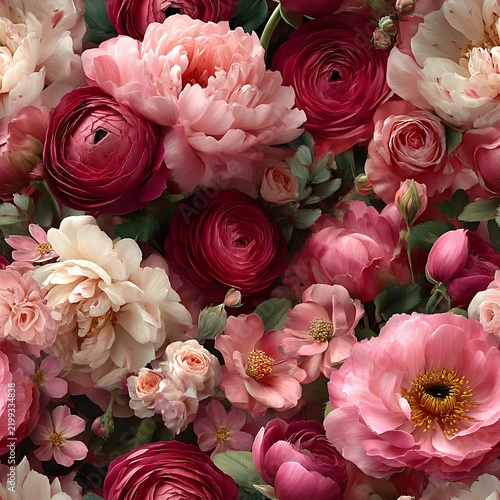 Stunning bunch of flowers featuring pink ranunculus roses in a feminine seamless pattern design