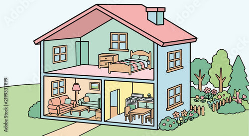 Cross section illustration of a family home with interior rooms, bedroom, living room and kitchen, flat vector icon