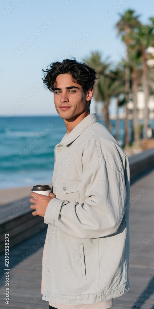 Fototapeta premium Young man standing on seaside promenade holding coffee cup with palm trees and ocean view for lifestyle portrait and travel banner design