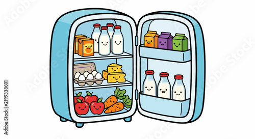 Vector icon of a cute blue open refrigerator filled with friendly kawaii food items and drinks