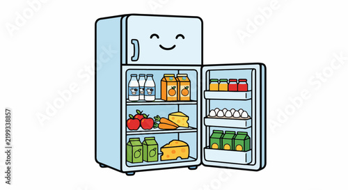 Cute open refrigerator full of fresh food and drinks icon vector illustration with a friendly smiley face isolated on white background