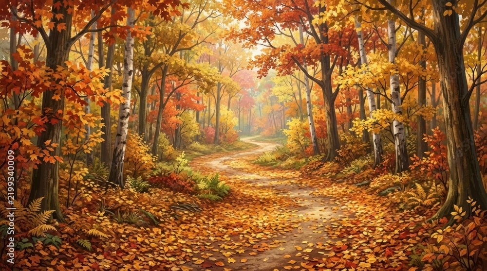 Fototapeta premium A winding path through a dense forest, with autumn leaves covering the ground and trees, leading to a clearing with a small pond.
