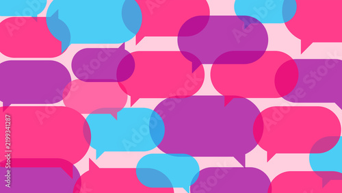 Modern minimalist abstract background featuring colorful overlapping speech bubbles in vibrant pink, blue, and purple tones, symbolizing communication, connectivity, and dialogue.