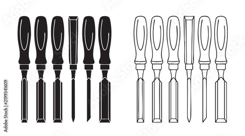 Fotografía wood chisels silhouette with line art vector icon design