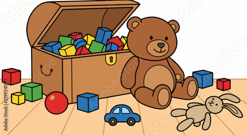 Cute colorful toys vector icon illustration of a wooden chest filled with blocks, teddy bear, and other playthings