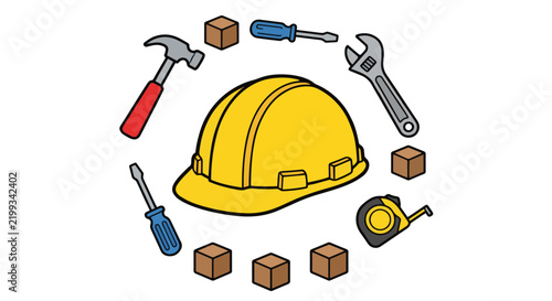 Construction tools vector icon set with yellow hard hat, hammer, screwdriver and wrench